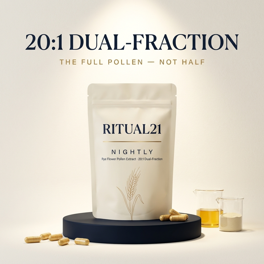 20:1 dual-fraction potency showcase on navy podium