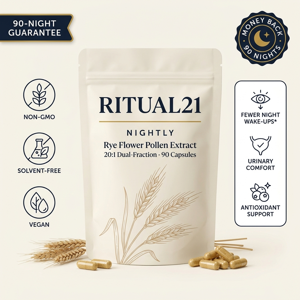Ritual21 Nightly hero infographic — pouch with benefit icons and 90-night guarantee seal