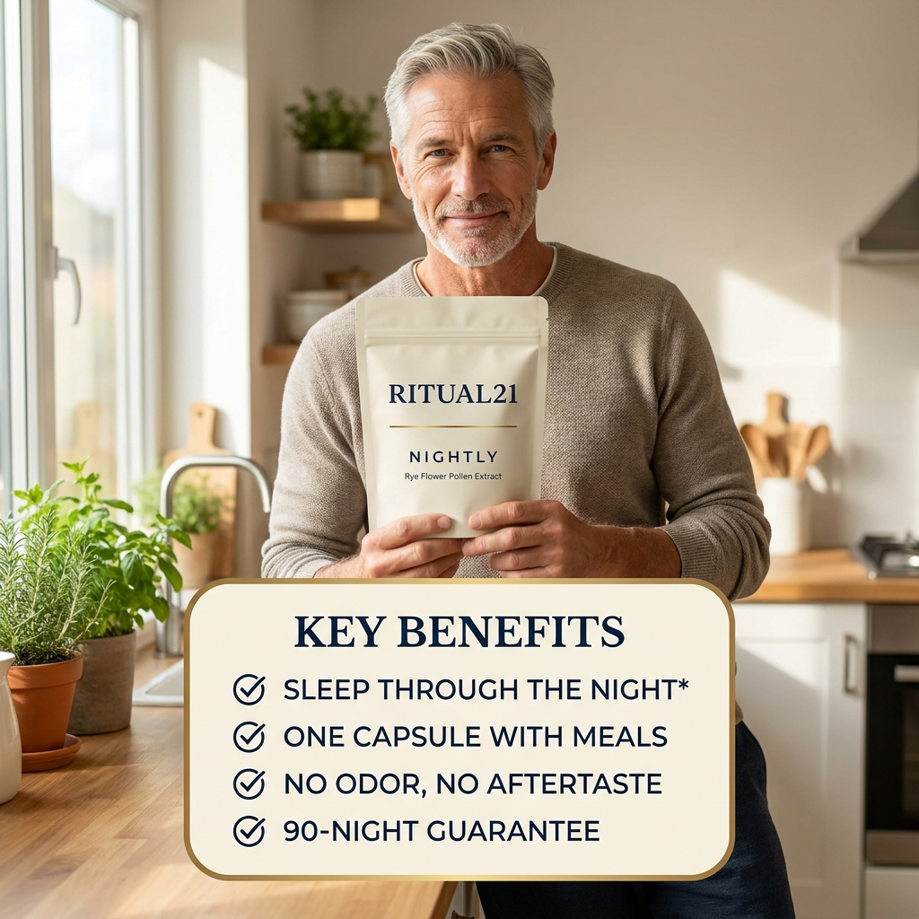 Key benefits card — man holding Ritual21 Nightly pouch in morning kitchen