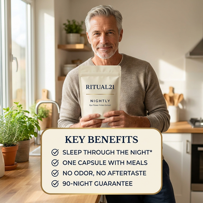 Key benefits card — man holding Ritual21 Nightly pouch in morning kitchen