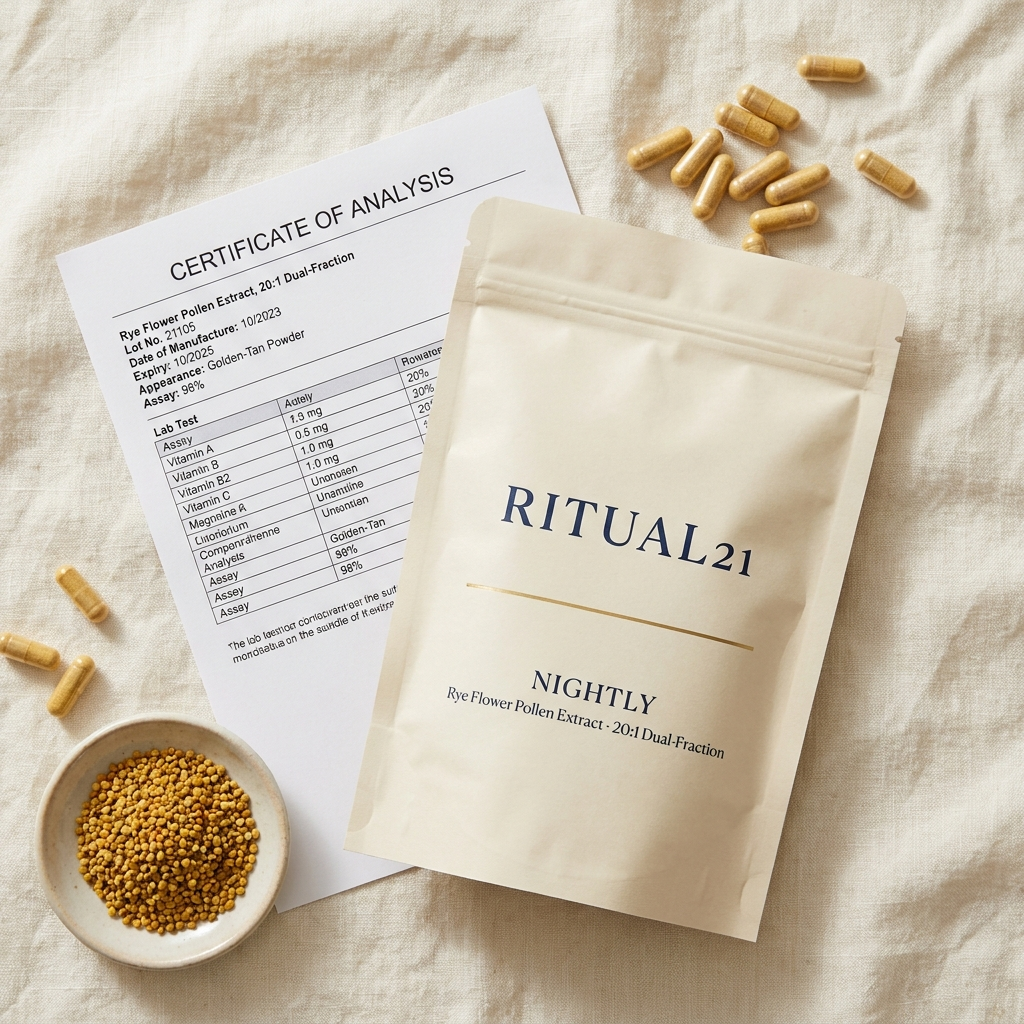 Certificate of analysis flat-lay with Ritual21 Nightly pouch and capsules