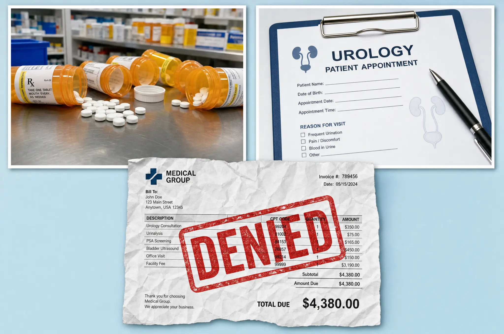 Pill bottles, a urology clipboard, and a denied medical invoice