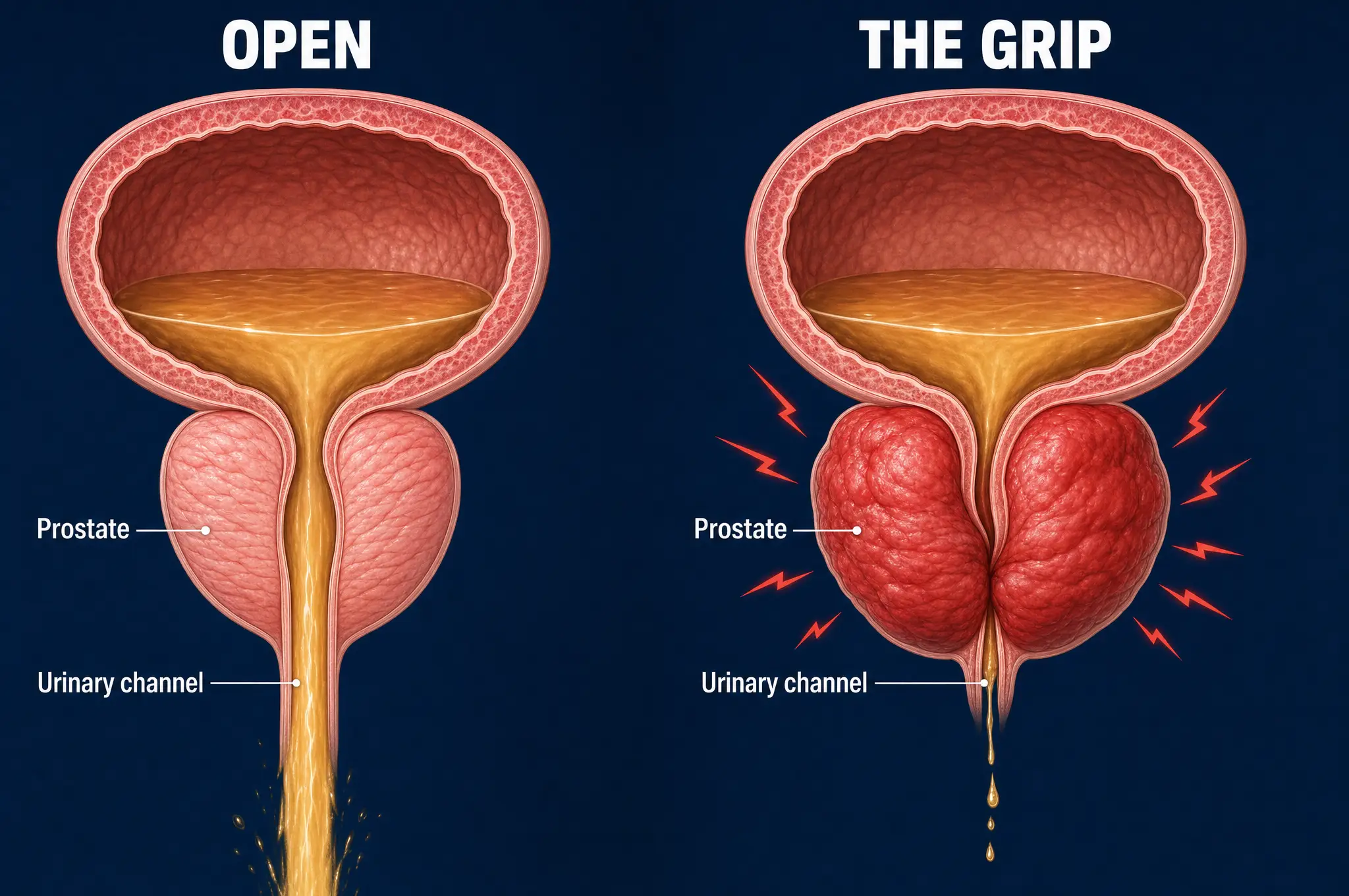 Medical illustration: an open prostate channel versus The Grip clenching it shut