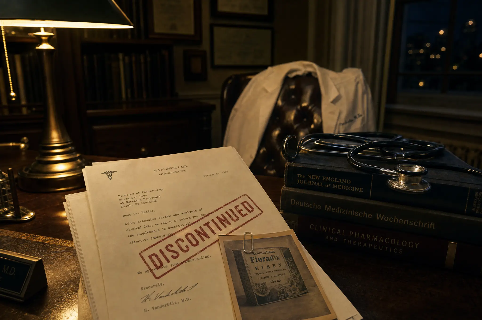 A discontinued notice for the original European pollen extract on a doctor's desk