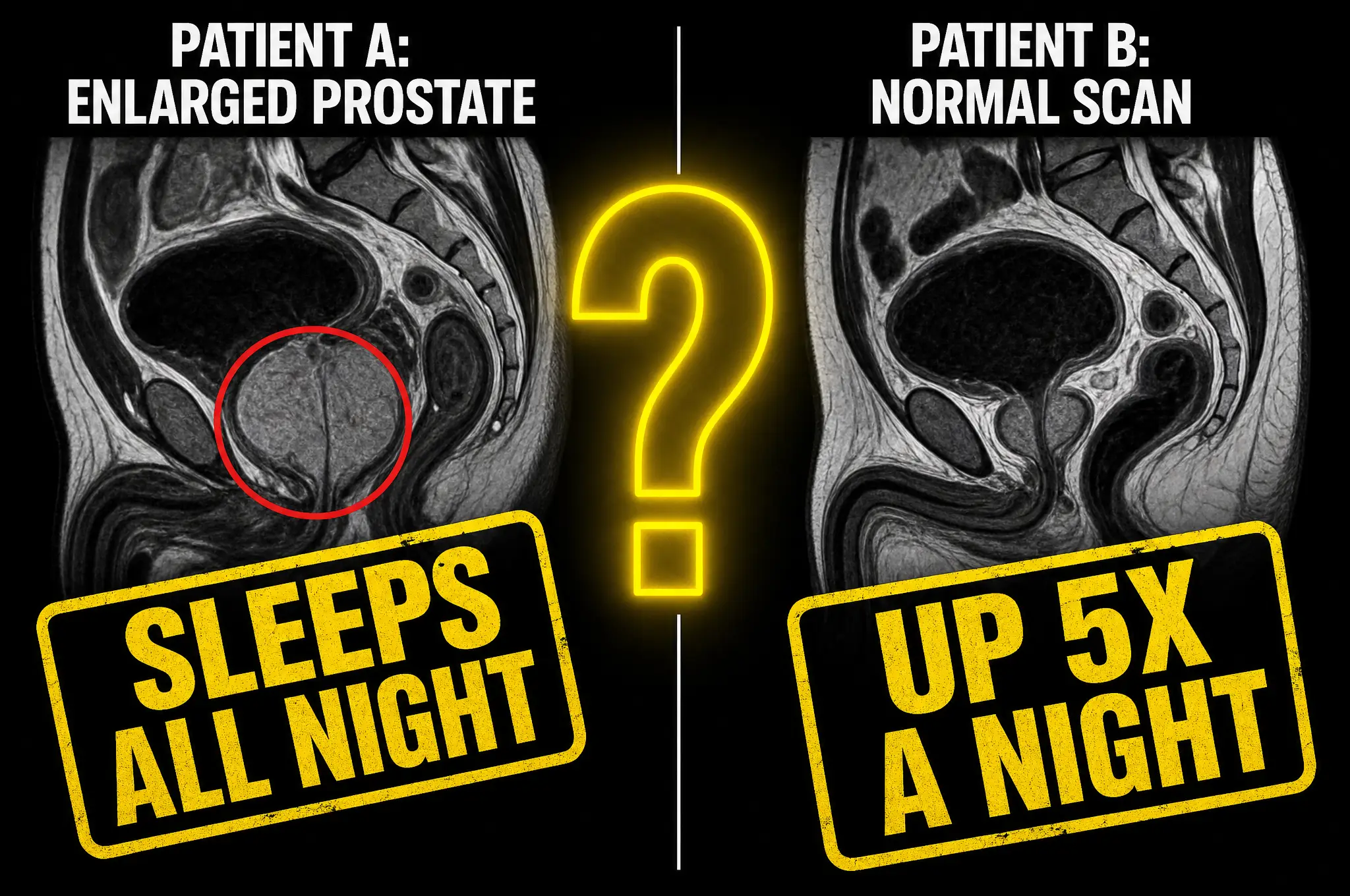 Two scans: an enlarged prostate that sleeps all night versus a normal scan that is up five times a night