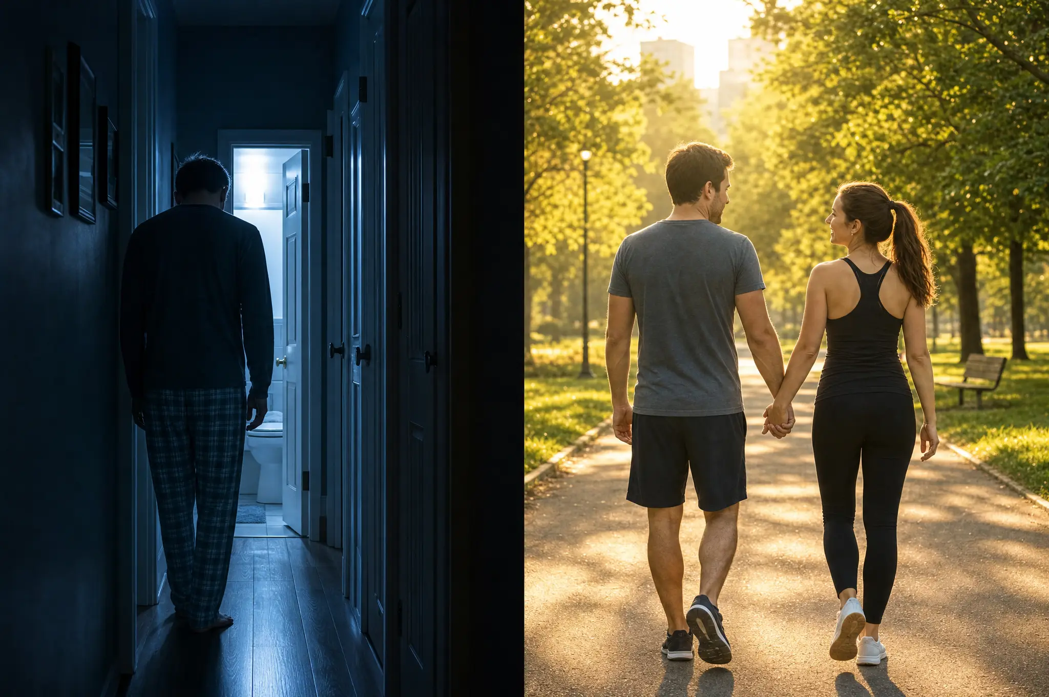 Two paths: the hallway to the bathroom at night, or the sunny morning walk together