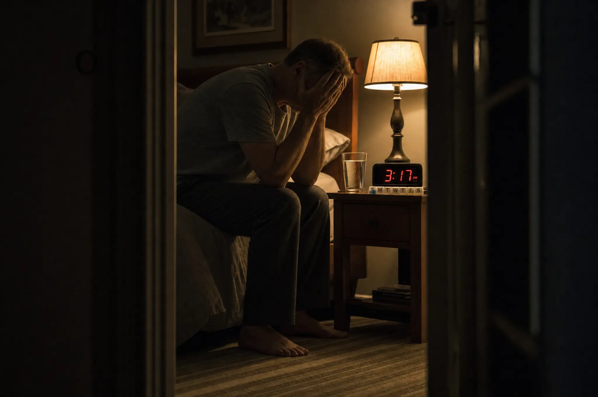 An exhausted man sitting on the edge of his bed at 3:17 AM