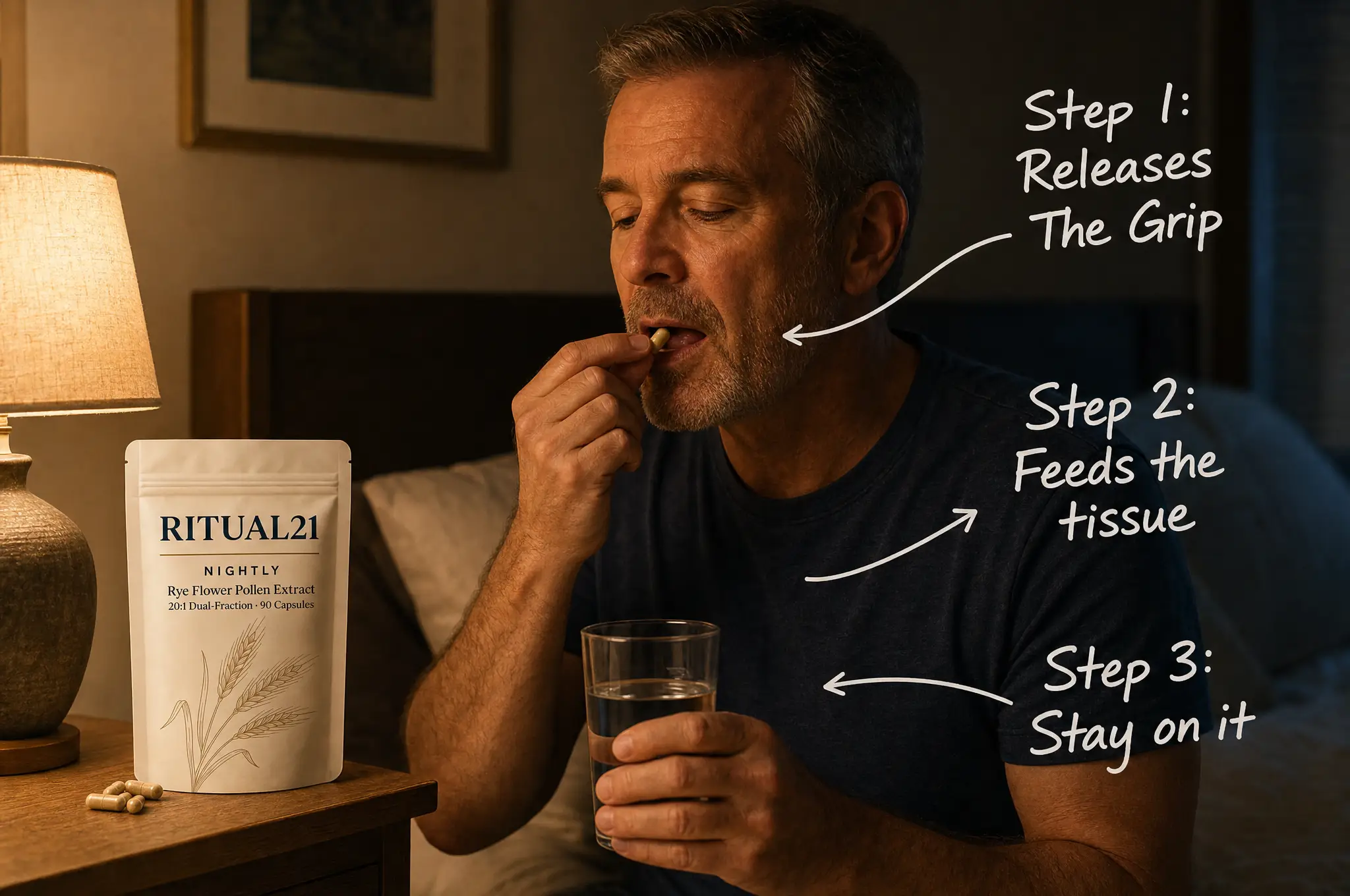 A man taking his nightly capsule — the three-step routine