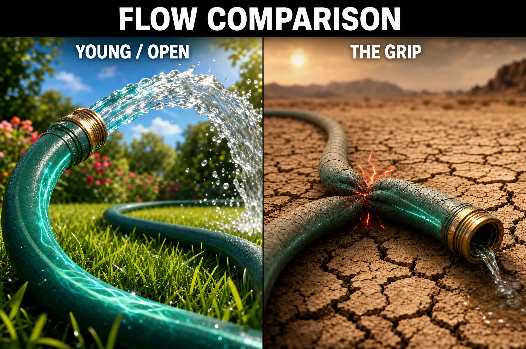 A free-flowing hose versus the same hose kinked shut — the flow comparison