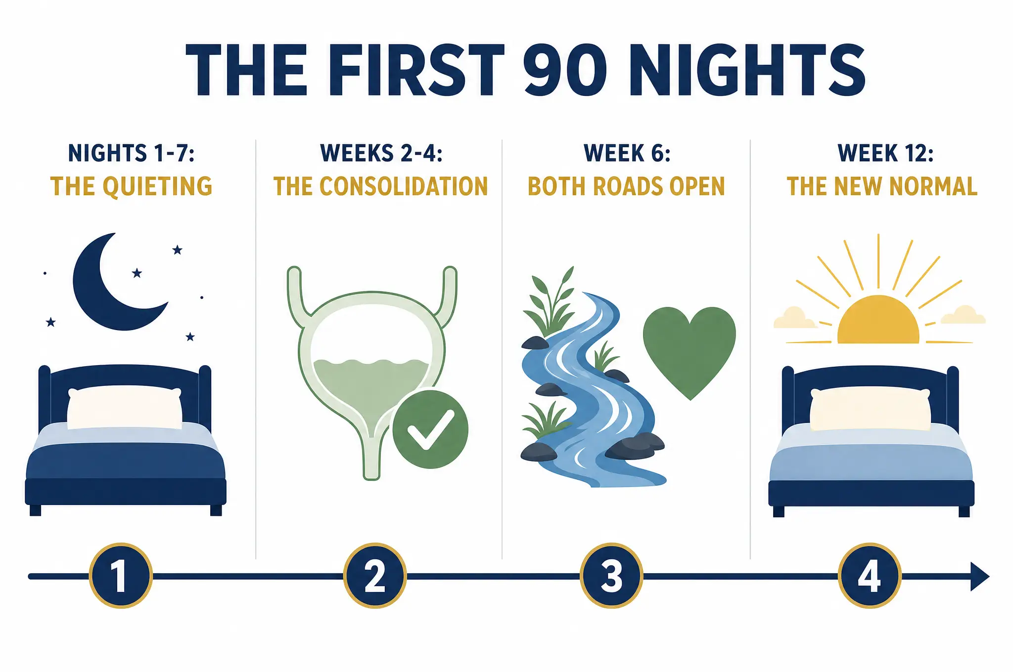 The first 90 nights: the quieting, the consolidation, both roads open, the new normal
